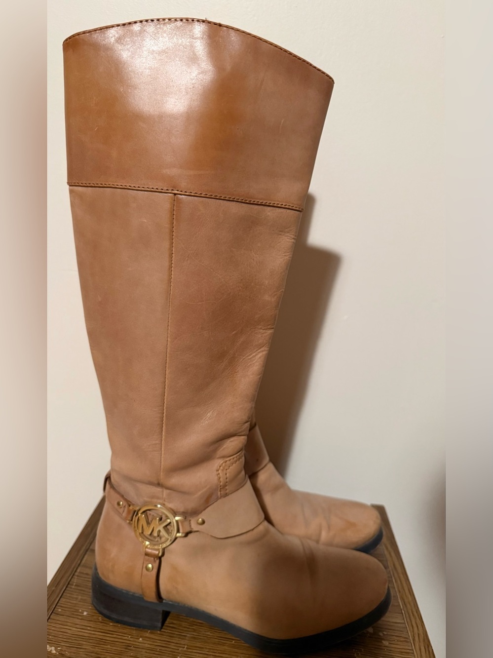 Michael Kors Cognac Leather Over-the-Knee Boots with Gold MK Accent